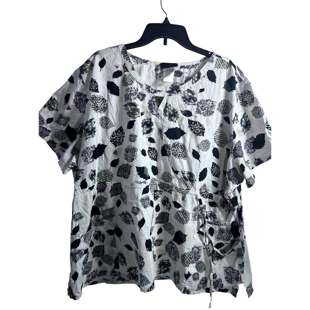 Cherokee Scrub Top 3XL White Black Green Leaf Print V-Neck Pockets Women